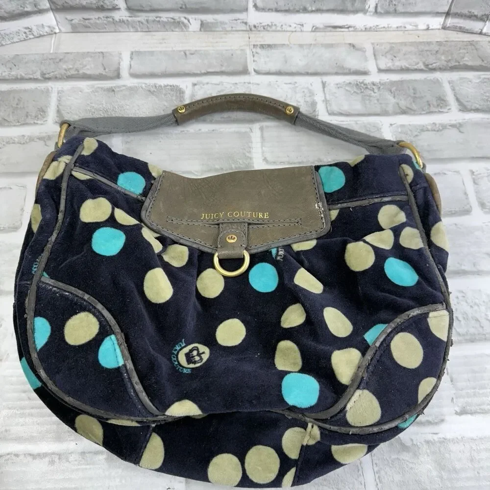 Vintage Juicy Couture Y2K Handbag Green Velour Poka Dot Shoulder Bag Purse
